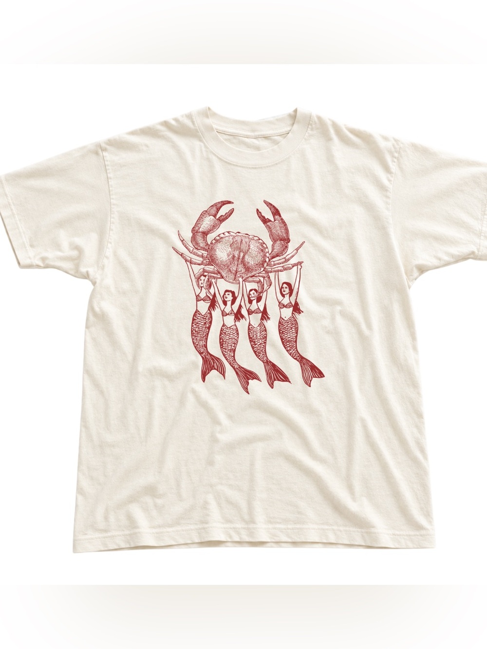 Off White Women Red Mermaid & Crab Graphic Tee Vintage Casual Style